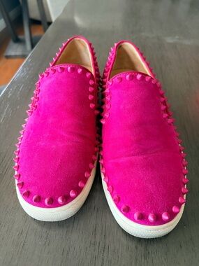 LV Hot Pink Studded Suede Slip-On Sneakers - Women's